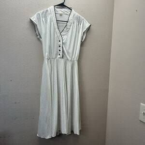 Vintage 70s White Polka MIDI Button Front Dress‎ Retro Cottagecore Pinup SZ S/M